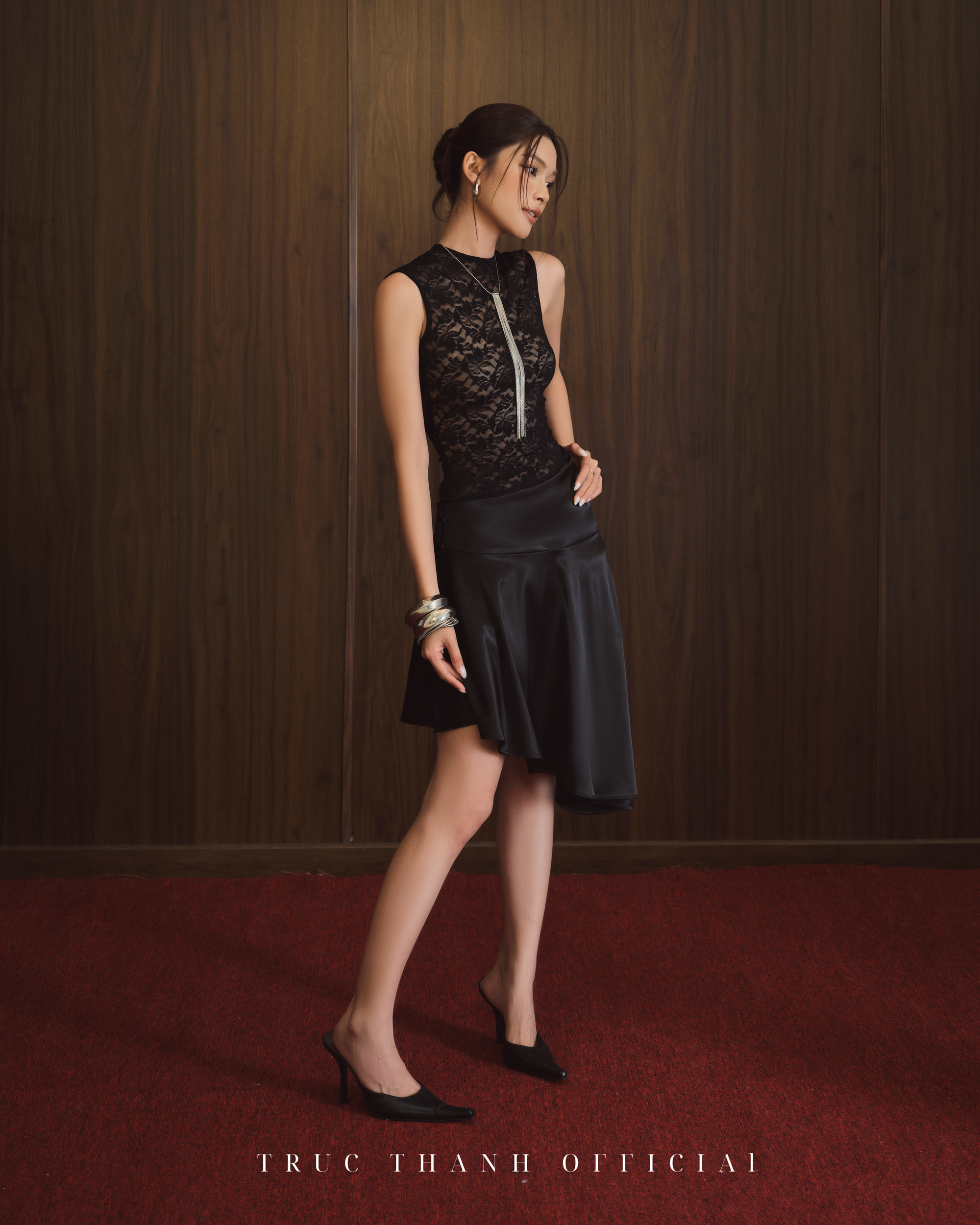 Lady Silk Set | Set váy áo ren chân váy lụa (Black/ Đen)