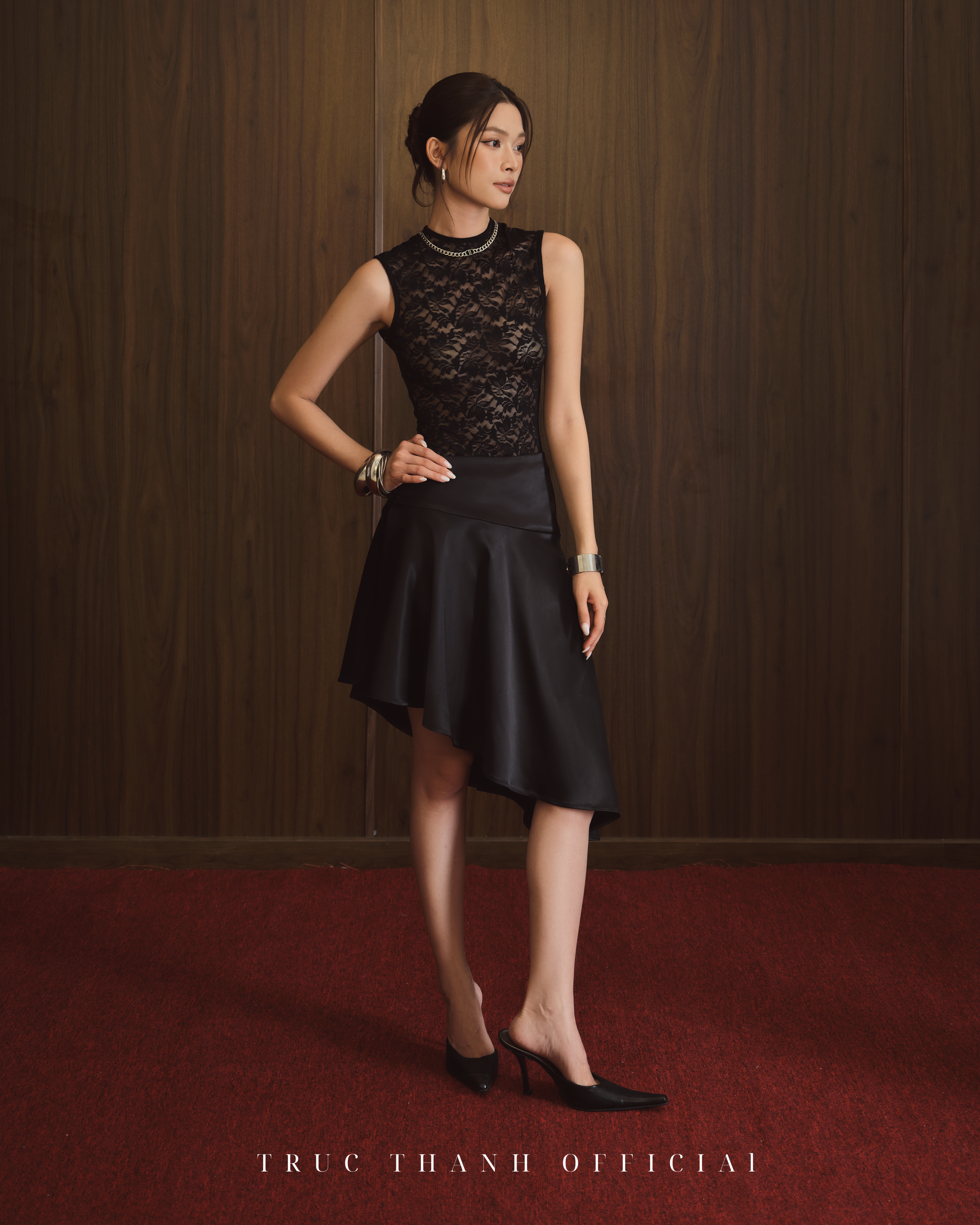 Lady Silk Set | Set váy áo ren chân váy lụa (Black/ Đen)