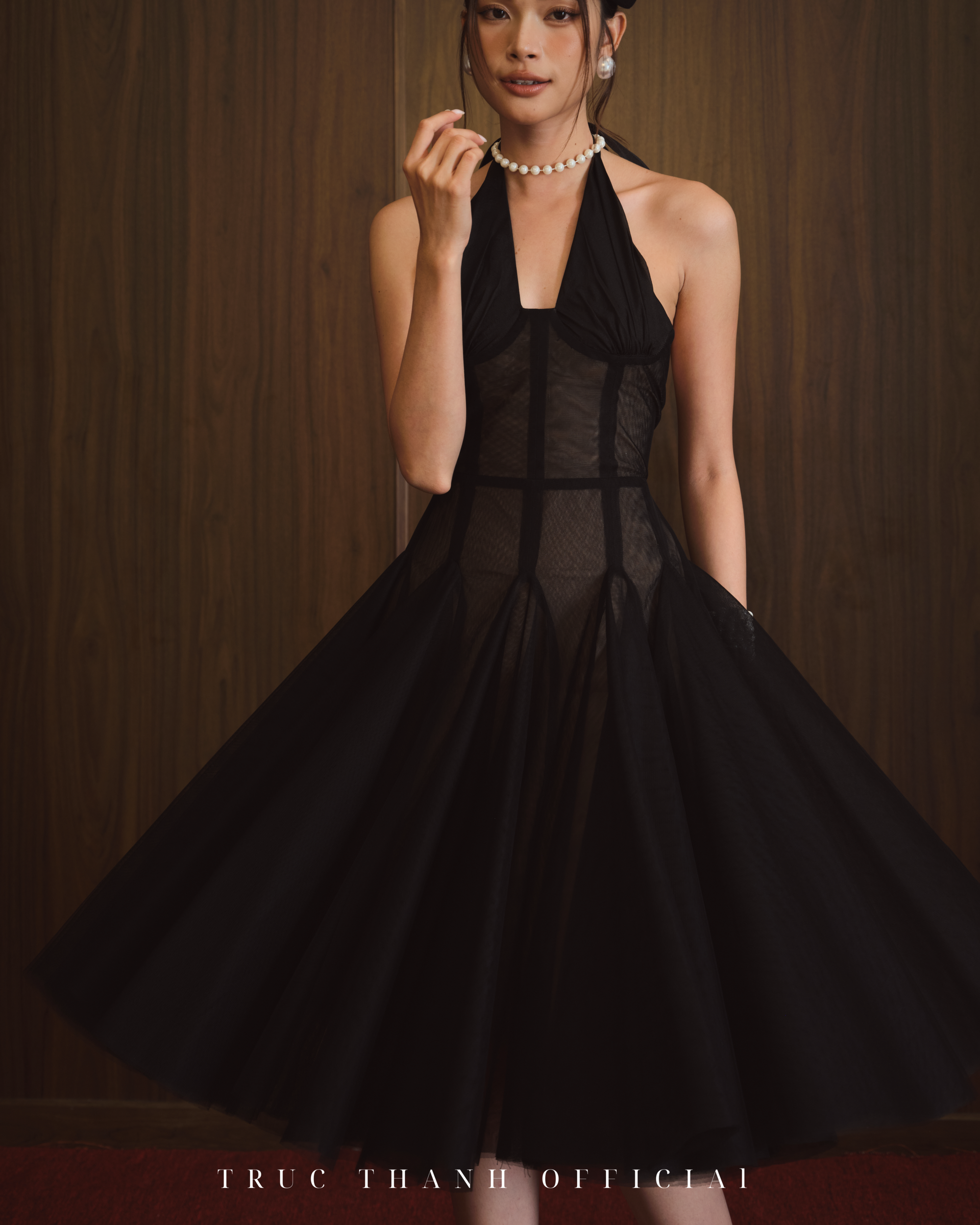 Cherie Dress | Váy cổ yếm lưới đen (Black/Đen)